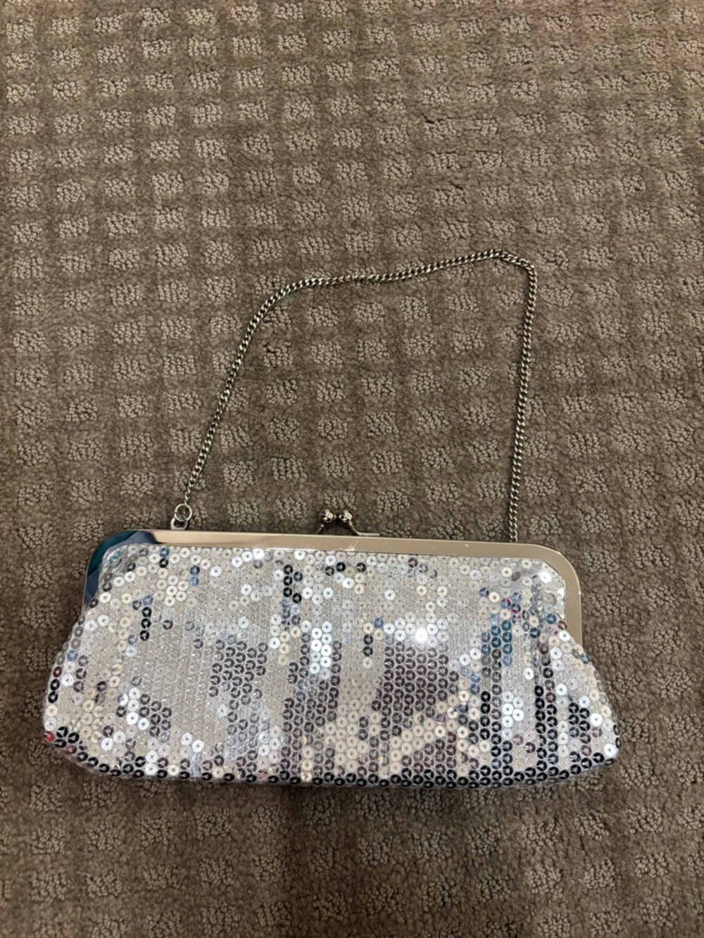 LOFT Silver Sequin Evening Clutch with Chain Strap